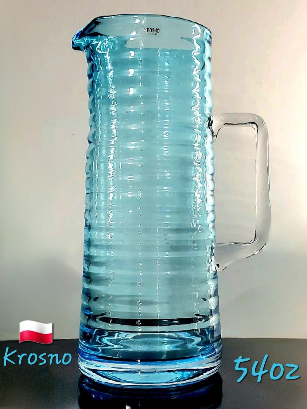 54oz Krosno 🇵🇱 Poland Turquoise  Aquamarine Blue Ribbed 11" Glass Pitcher Vase